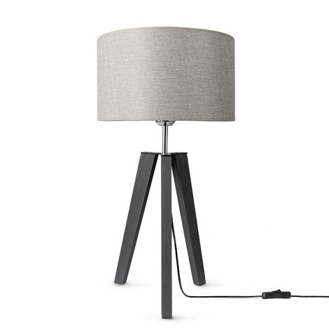 Paco Home Tischleuchte Dreibein Nachttischlampe Stehlampe E27 Stoff Lampenschirm Uni Grau (Ø28cm), Tischleuchte - Schwarz