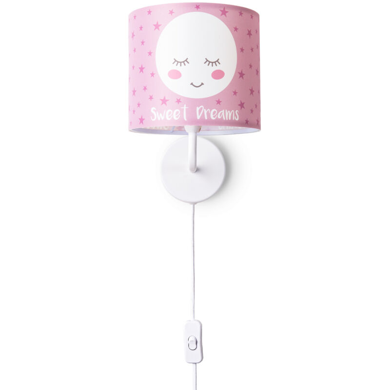 Image of Lampada Da Tavolo Cameretta Dei Bambini Paralume Tessuto Rotonda Luna Stelle E14 Lampada da parete - Bianca, Design 2 (Ø18 cm) - Paco Home