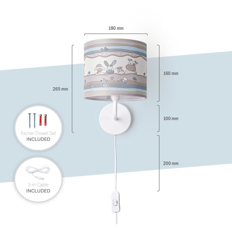 Image of Lampada Bambini Lampada Parete Interruttore ∅18cm Animali Beige Cavo 3m E14