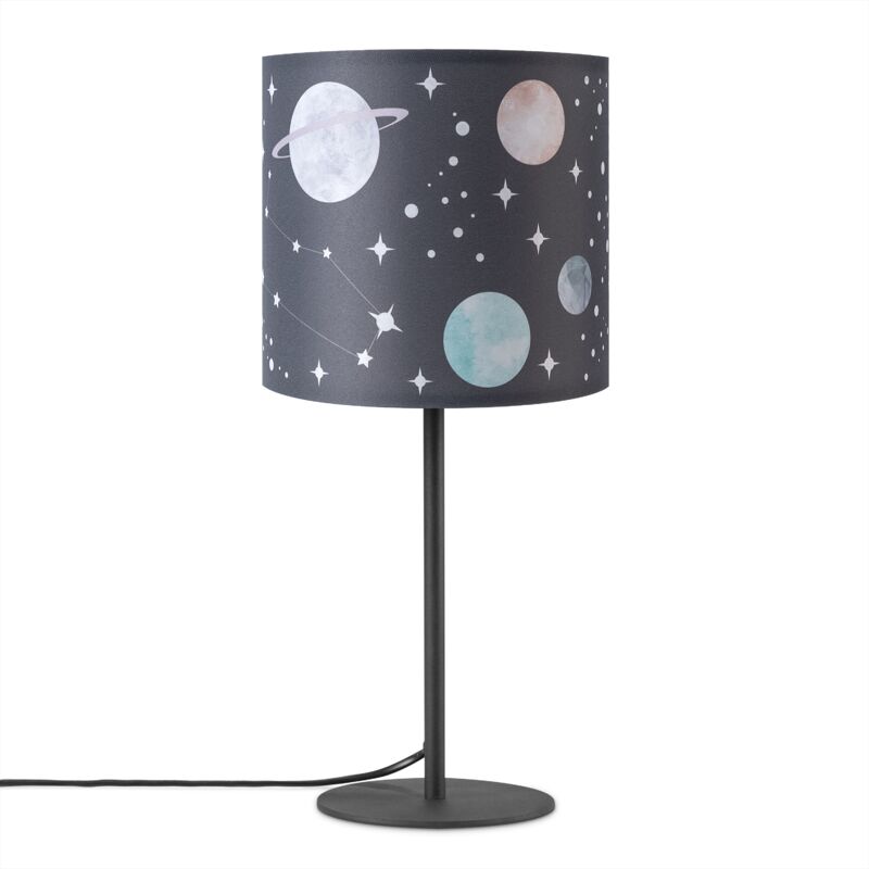 Image of Lampada Da Tavolo Cameretta Dei Bambini Paralume Tessuto Rotonda Luna Stelle E14 Lampada da tavolo - Nero, Design 11 (Ø18 cm) - Paco Home