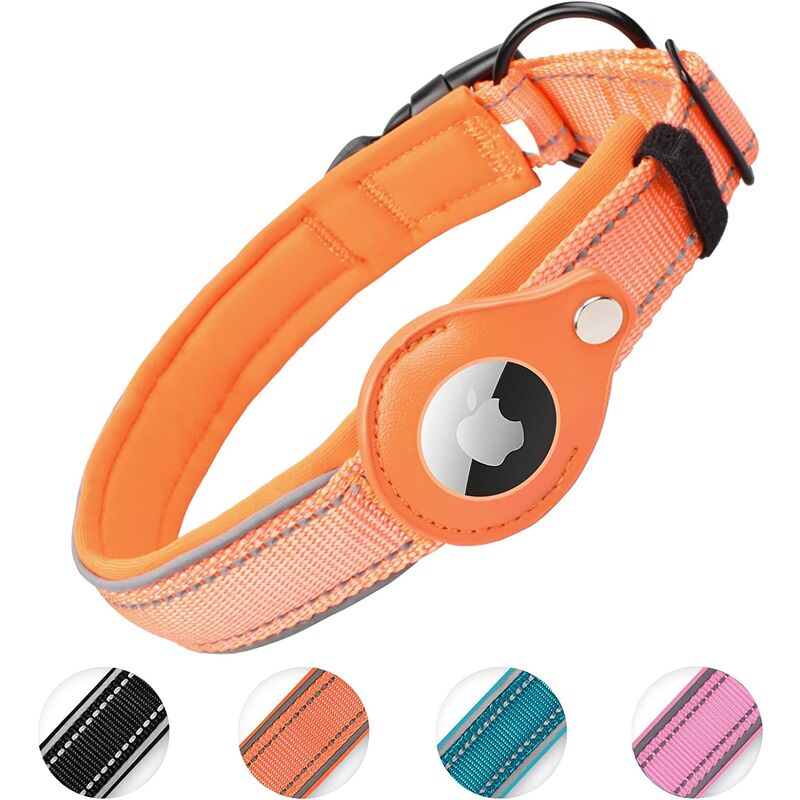 Padded Dog Collar for AirTag, Apple Airtag Reflective Dog Collar, Integrated Air Tag for Small, Medium, Large Dogs, [Orange - Size M]