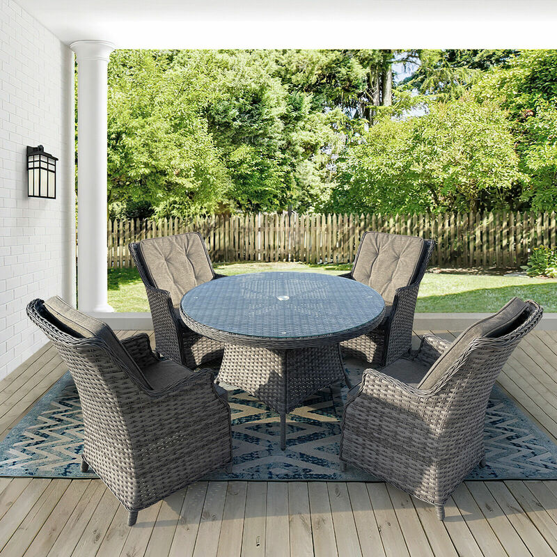 Furniture One - Luxury 5 Piece Rattan Garden Round Dining & Chair Set - Grey