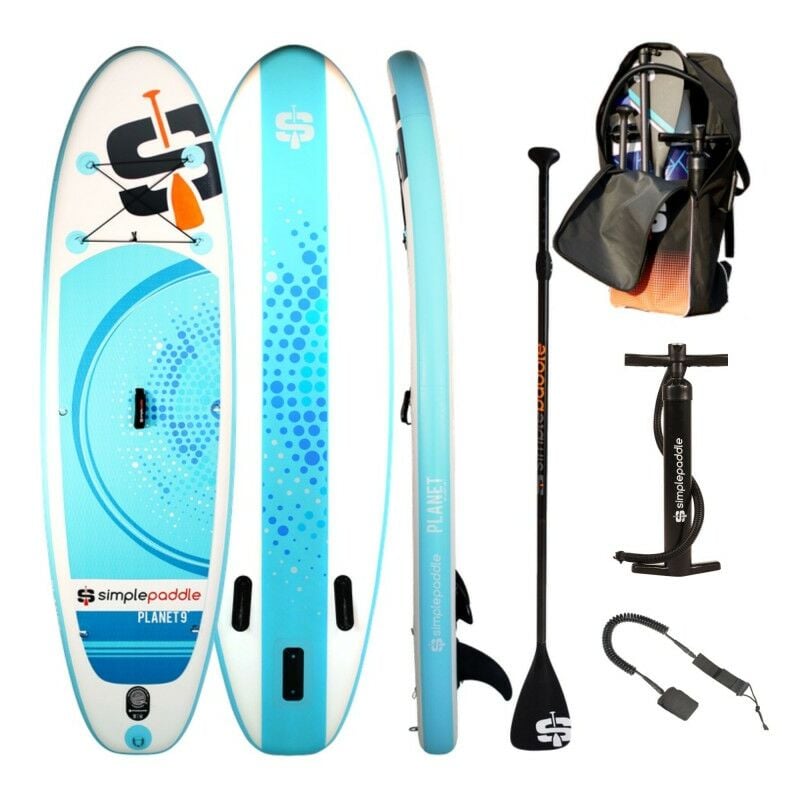 

Simple Paddle - Paddle Hinchable 9'0 - PLANET 9' 30'' 6 (274x76x15 cm) - Con remo, leash, inflador, mochila de transporte - Azul