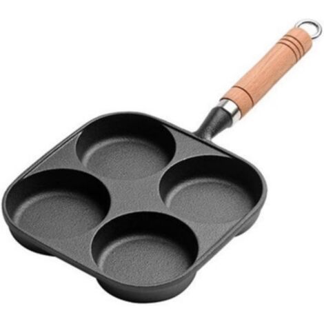 Padella antiaderente per uova a 4 fori, per la colazione, per cucinare pancake, uova fritte, con manico in legno per hamburger e uova