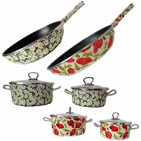 Padella casseruole con coperchio fiori papavero rosso margherite bianche 5 pezzi antiaderenti colori primavera - decoro: decoro margherita