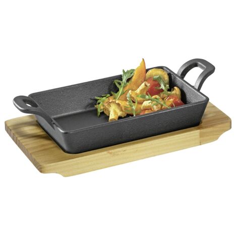Padella di servizio KÜCHENPROFI quadrata con 2 manici e asse di legno BBQ 21,5x12,5x6cm