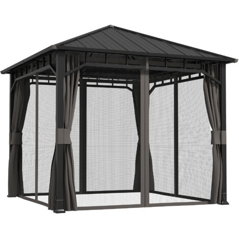 Padiglione da giardino 3 x 3 m, impermeabile, stabile e resistente all'inverno, con pannelli laterali, reti, ganci e tetto rigido grigio scuro.