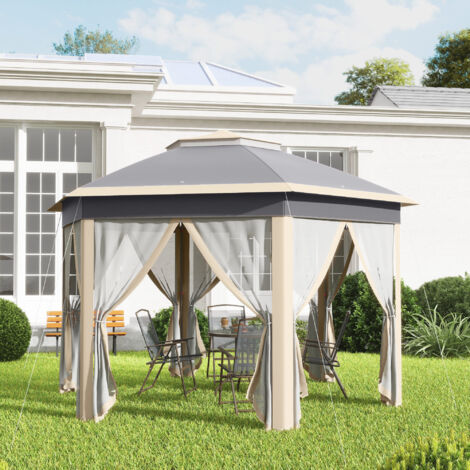 Padiglione da giardino esagonale pop-up in metallo beige 405x405 cm con pareti in mesh e doppio tetto
