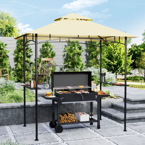 Padiglione da giardino per barbecue in metallo beige 240x150x258 cm con tetto doppio, LED magnetici e ripiani laterali