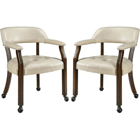 Padma House 2 er Set Große Esszimmerstühle mit Rädern und Armlehne, Chefsessel mit Massivholzbein, Schreibtischstühle mit Knopfpolsterung, klassischer Freizeitdrehstuhl, 80cm H, Bein braun (Beige)