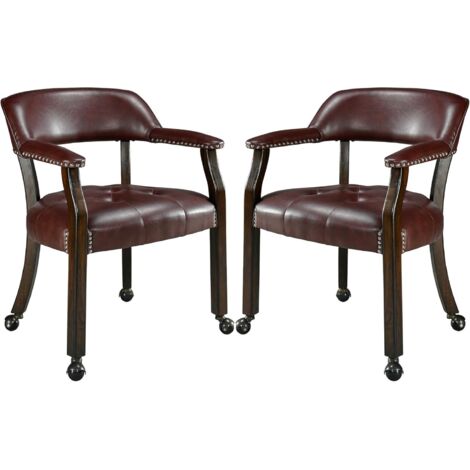 Padma House 2 er Set Große Esszimmerstühle mit Rädern und Armlehne, Chefsessel mit Massivholzbein, Schreibtischstühle mit Knopfpolsterung, klassischer Freizeitdrehstuhl, 80cm H, Bein braun (bräunlich-