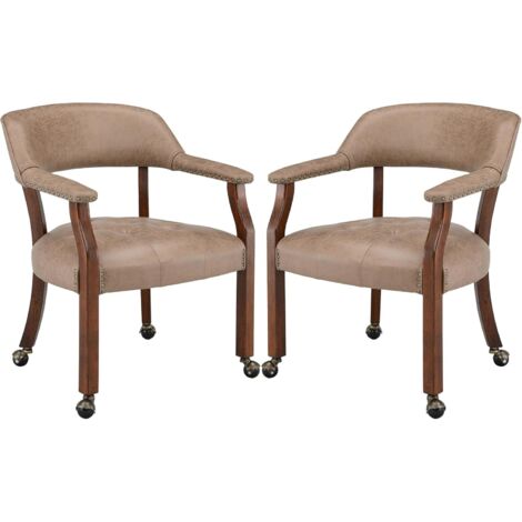 Padma House 2 er Set Große Esszimmerstühle mit Rollen und Arme, Rolling Dining Stühles mit Rädern, Akzent Spiel Stühle-Boss Caption's-Stühle, 66CM x 64CM x 66.5CM, Kirsche Beine & Khaki Braun SY-1533-