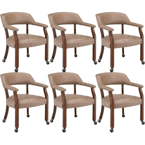 Padma House 6 er Große Esszimmerstühle mit Rollen und Arme, Rolling Dining Stühles mit Rädern, Akzent Spiel Stühle-Boss Caption's-Stühle, 66CM x 64CM x 66.5CM, Kirsche Beine & Khaki Braun SY-1533-LT