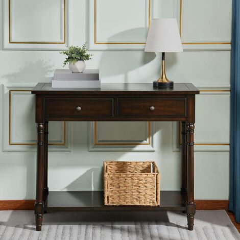 Padma House Konsolentisch aus Holz Massiv, Wohnzimmer-Beistelltisch mit 2 Schubladen Robust und Stabil, für Wohnzimmer, Flur, Schlafzimmer usw, 90 x 35 x 77 cm (B/T/H) (Dunkelbraun), SFZ02