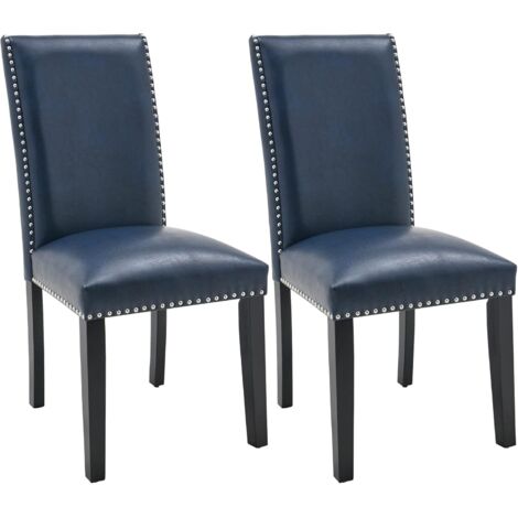 PADMA HOUSE Parsons Dinning Chairs with Nail-Heads Trim, Faux Leather Kitchen Accent Side Upholstered Seat, Solid Wood Legs (Dark Blue, Set of 2)