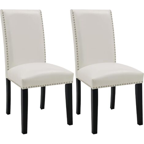 PADMA HOUSE Parsons Dinning Chairs with Nail-Heads Trim, Faux Leather Kitchen Accent Side Upholstered Seat, Solid Wood Legs (Ivory White, Set of 2)