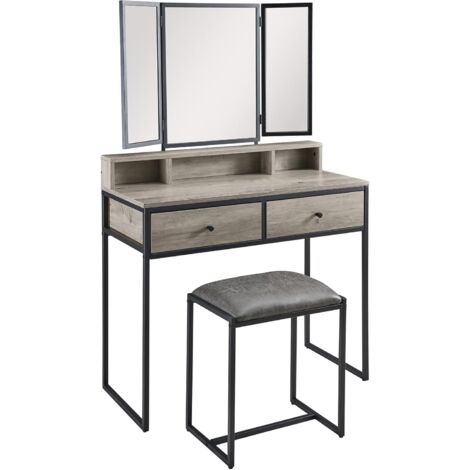 Padma House Schminktisch mit Spiegel und Hocker, Schminktisch, 2 Schubladen und 3 Organizer-Fächer, Schlafzimmer-Kommode, Make-up-Schreibtisch für Mädchen und Frauen, Industrie-Stil