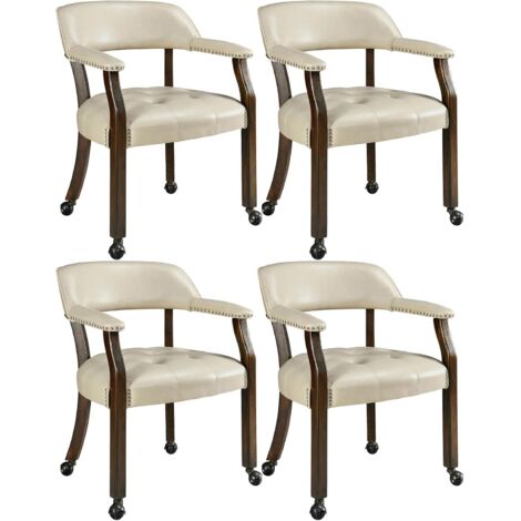 PADMA HOUSE Set of 4 Large Dining Chairs with Casters and Arms, Rolling Dining Chairs with Wheels, Accent Game Poker Chairs, Boss Caption's Chairs, Solid Wood Legs and Faux Leather Seat, White XXY1910