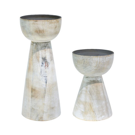 Padstow Candle Holders (Set of 2) - Wood - L9 x W9 x H22 cm - White Wash