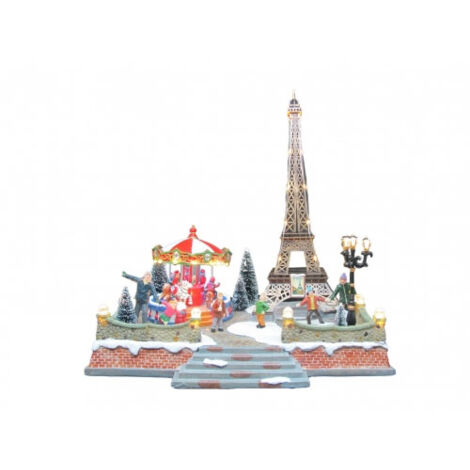 Paesaggio Natalizio Parigi con Giostre 32.5x25x36cm con Movimento Luci e Suoni