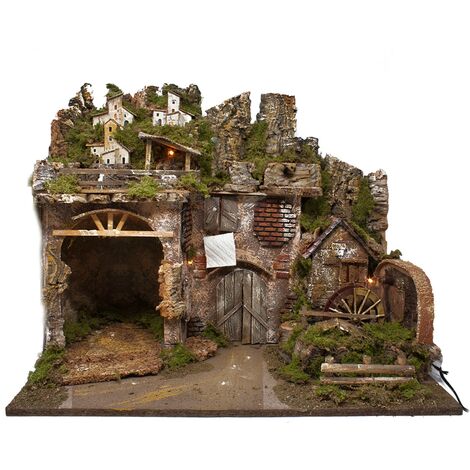 Paesaggio Presepe Casette e Mulino con Luci 60x35 cm 11214