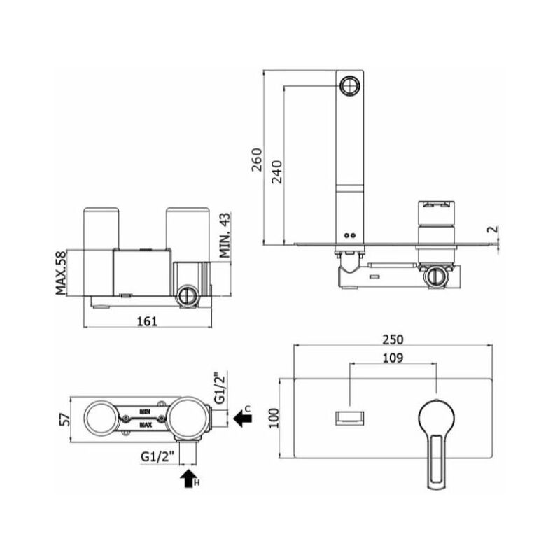 Paffoni - Mélangeur lavabo encastré avec bec 240 mm Ringo série RIN106NO Laiton - Noir mat