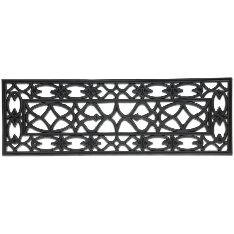 Paillasson caoutchouc, 75x25 cm, antidérapant, résistant, intérieur & extérieur, tapis entrée, ornements, noir - Relaxdays