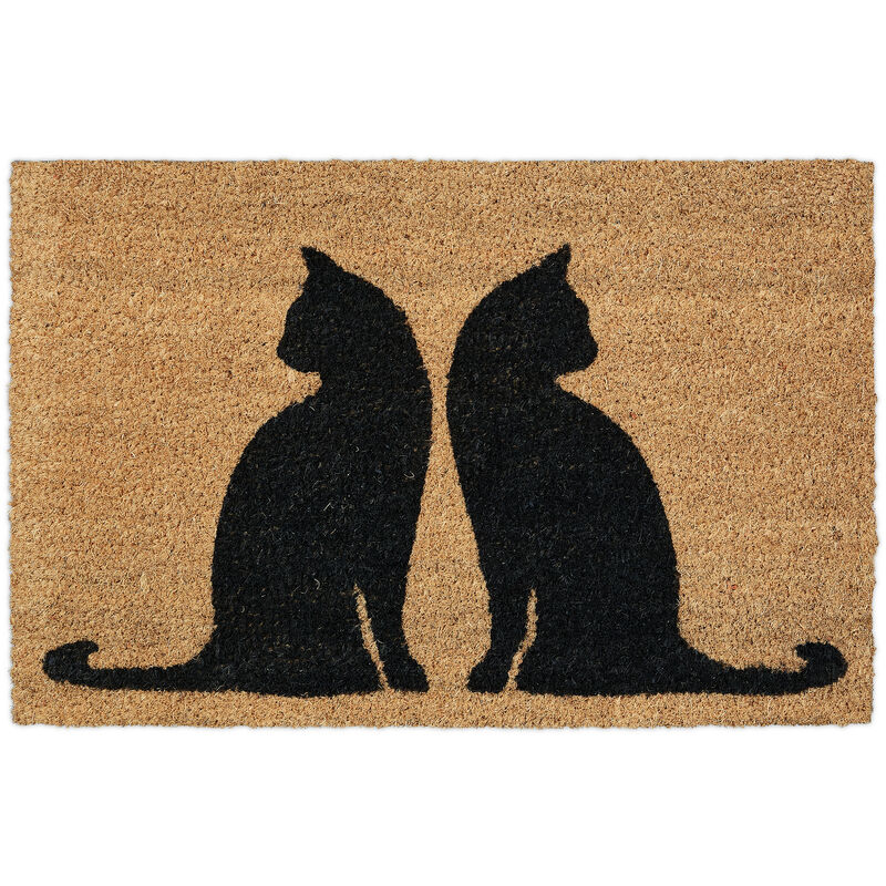 Paillasson coco, 40 x 60 cm, tapis de porte motif chats, intérieur, extérieur, antidérapant, nature/noir - Relaxdays