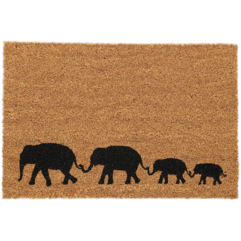 Relaxdays Paillasson coco 60x40 cm, tapis avec éléphants, antidérapant, résistant, intérieur, extérieur, nature - noir