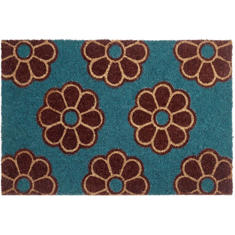 Paillasson d'Entrée en Fibre de Coco 40 x 60 cm Dessous PVC Antidérapant Motif Floral Bleu Kulik