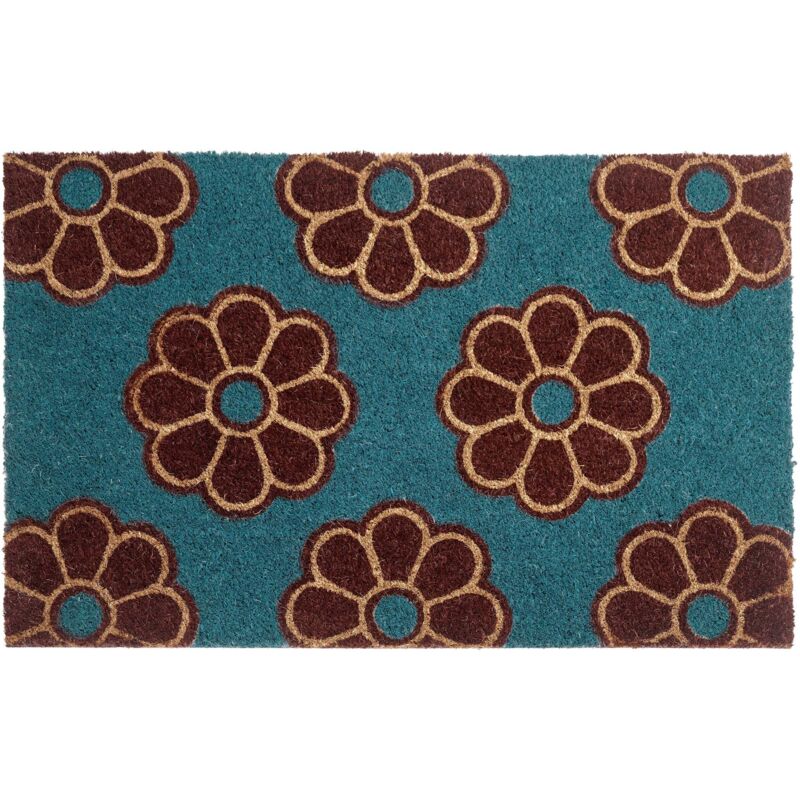 Paillasson d'Entrée en Fibre de Coco 50 x 80 cm Dessous PVC Antidérapant Motif Floral Bleu Kulik