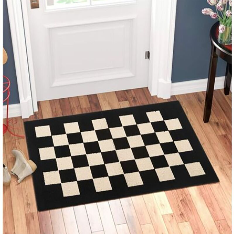 Paillasson d'intérieur tapis de porte d'entrée, 50cm x 80cm tapis d'entrée soyeux à carreaux antidérapant, noir