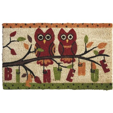 Paillasson en coco avec inscriptions 75 x 45 cm Hiboux bienvenue