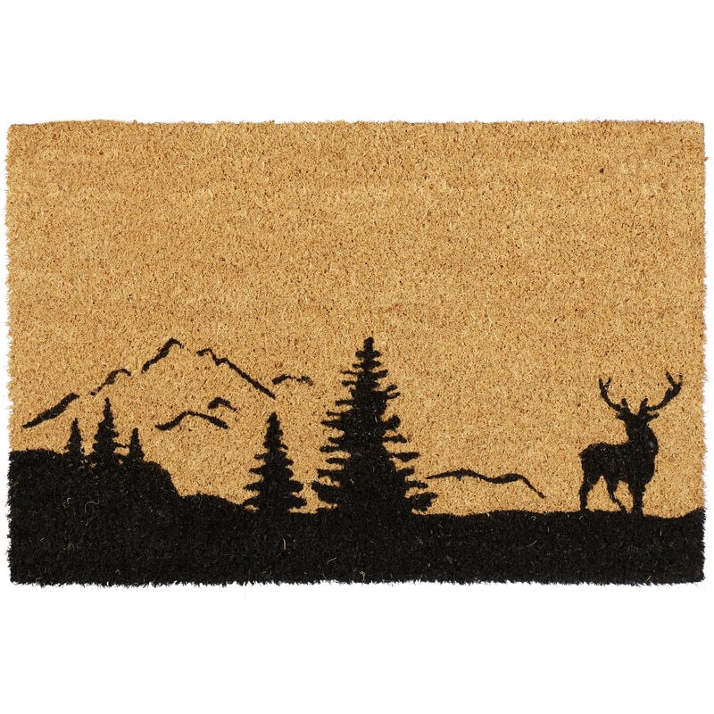 Paillasson en coco, cerf et arbres tapis antidérapant, essuie-pieds intérieurs & extérieurs, 40x60 cm, nature - Relaxdays