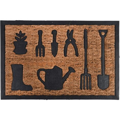 Paillasson rectangulaire imprimé jardin en caoutchouc et fibres de coco - Noir/Beige - L 60,3 x l 40,3 cm - Livraison gratuite
