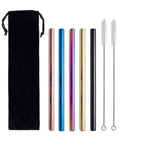Pailles à bubble tea réutilisables en acier inoxydable, lot de 5, avec pochette de rangement et 2 goupillons de nettoyage