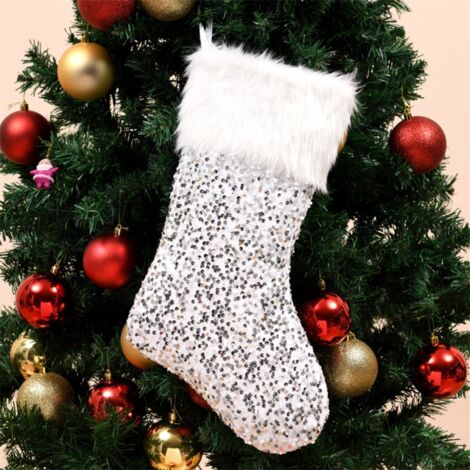 Paillettenbesetzte Plüsch-Weihnachtsstrümpfe mit Handgelenkschlaufe, tragbarer Geschenksack für Kamin- und Weihnachtsbaumdekoration