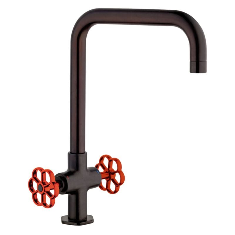 Paini Mélangeur cuisine Induss Bec haut noir mat - manette rouge douchette extractible