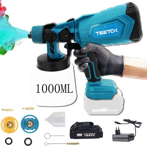 TEETOK Paint Spray Gun,Cordless Paint Spray System Kit Electric Paint Spray Gun Paint Spray Gun 1000ml+ 3.0A Battery + Charger,Compatible with Makita Battery