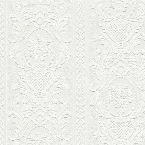 Paintable Damask AS Creation Blown Vinyl Wallpaper White Textured Embossed