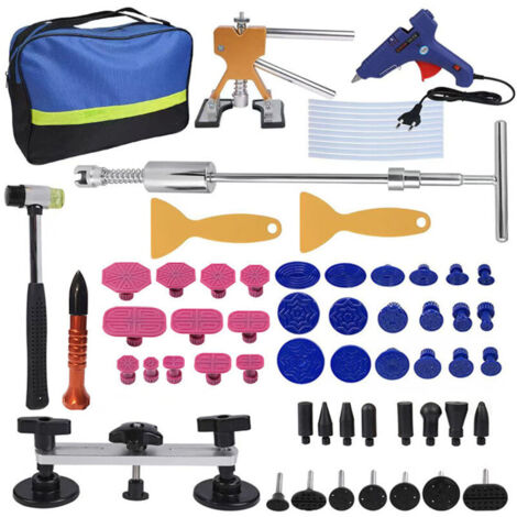 Paintless dent repair kit with suction cup and glue gun, for cars, refrigerators, motorcycles, and doors.