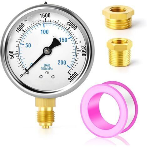 Pair 0-210 bars/0-3000 PSI Manomètre à liquide en acier inoxydable 1/4\" BSP 2,5\" FACE DIAL, montage inférieur avec douilles hexagonales en laiton 3/8\" x 1/4\" et 1/2\" x 1/4\" WOG Eau Huile Air