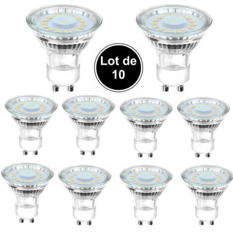 Pair 10 ampoules LED GU10 équivalentes à une ampoule halogène de 50 W, 4 W, éclairage blanc lumière du jour 6500 K, faisceau coudé à 120°.