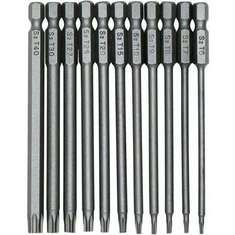 Pair 11 embouts de tournevis Torx S2 1/4 pouce 100 mm, foret hexagonal de précision, tournevis de sécurité magnétique, tournevis Torx à tête longue T6-T40.
