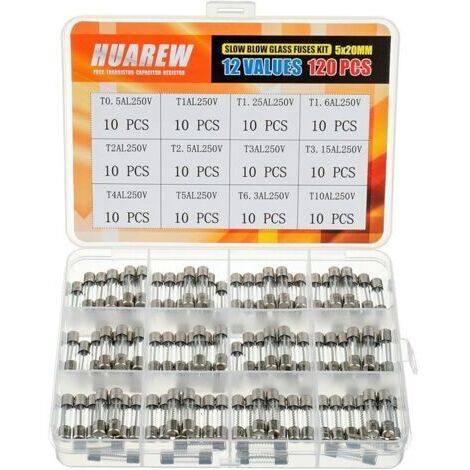 Pair 12 valeurs 120 pièces 5x20 mm Fusible en verre à fusion lente 0,2 x 0,78 pouce 250 V Volt T0,5 T1 T1.25 T1.6 T2 T2.5 T3 T3.15 T4 T5 T6.3 T10 Ampli Kit de classification
