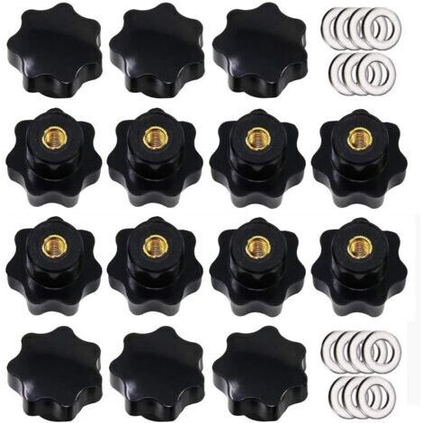 Pair - 14 Pièces M8 Bouton de Serrage à Filetage Moleté, Poignée en étoile, Boutons à Main en Forme D'étoile Bouton de Serrage en Plastique Noir avec Rondelles