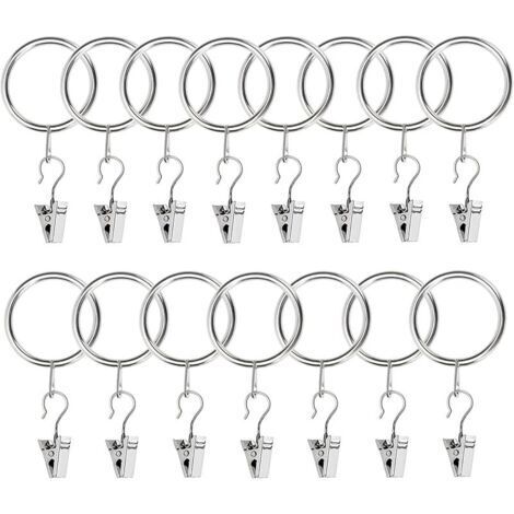 Pair 15 Pièces Rideau Bague Clips avec Crochet, Anneaux à Pince 32mm Diamètre Intérieur, Acier Inoxydable Métal Anneaux Clip Rideau, Anneaux de Rideau, pour Rideaux et Tringles (Argent)