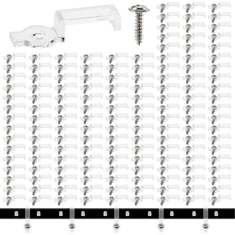 Pair 150 Pièces 10mm Clips Bande Lumineuse, Clip de Fixation Ruban LED, Support Fixation Bande Lumière Clips, avec Vis, pour 10MM Large LED Bande Lumières (Transparent)