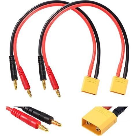 Pair 2 Pièces XT90 à 4.0 Banane Plug RC Câble de Charge de la Batterie, Connecteur XT90 à 4mm Fiche Banane avec 30cm 12AWG Câble en Silicone, pour RC Hélicoptère Quadcopter Lipo Batterie