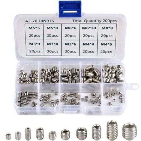 pair 200Pcs Vis Allen Acier Inoxydable Vis Sans Tête Hexagonale Set Métriques Accessoires Métalliques Professionnelles M3 M4 M5 M6 M8--